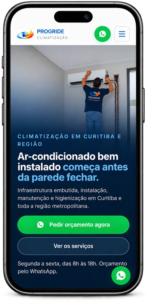 Site da Progride Climatização aberto em um celular