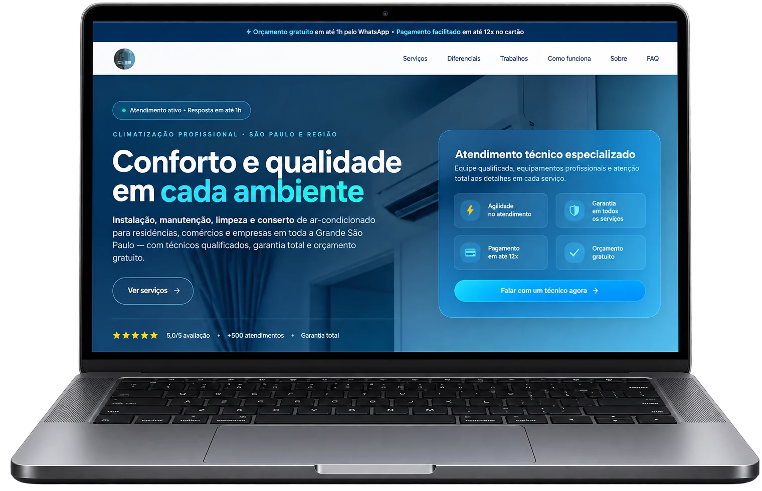 Site de climatização aberto em um notebook